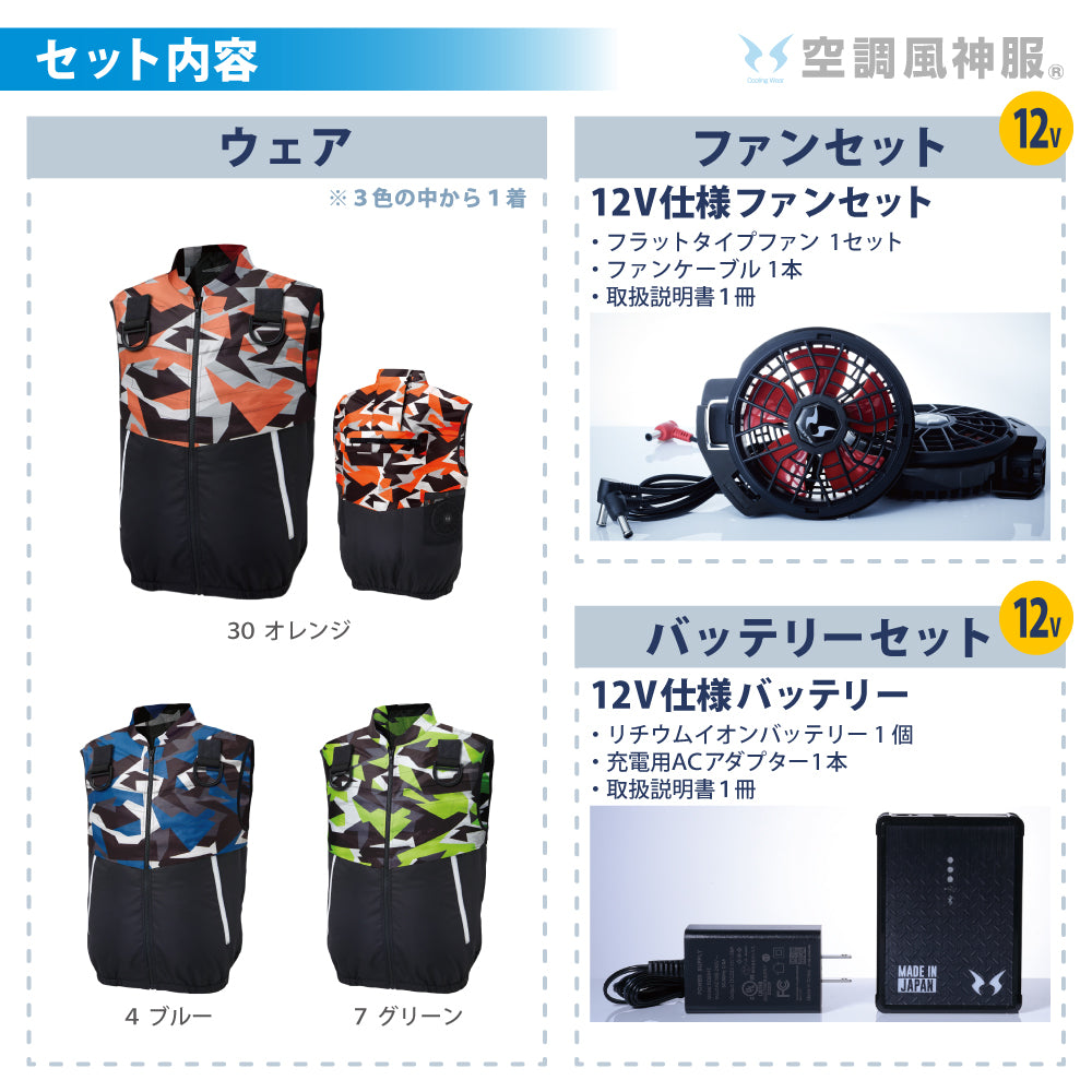 サンエス 空調風神服 12V 空調風神服® すぐ着られるセット KF92382G 12Vデバイスセット